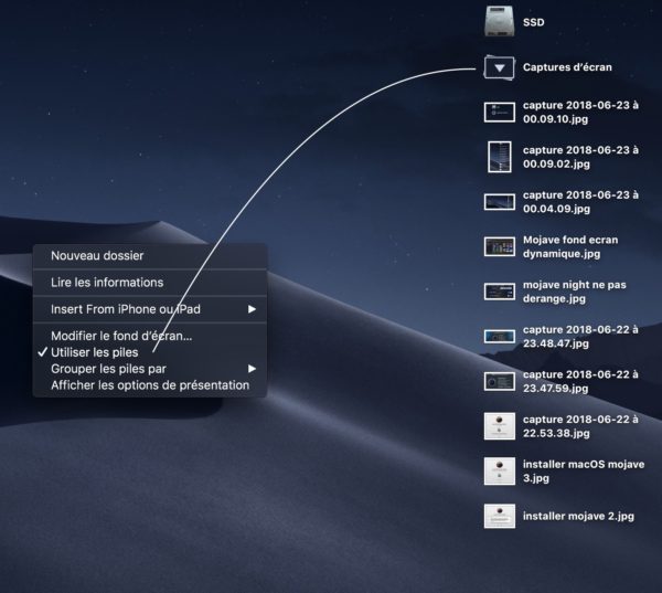 Mojave utiliser l'organisation des fichiers avec les piles