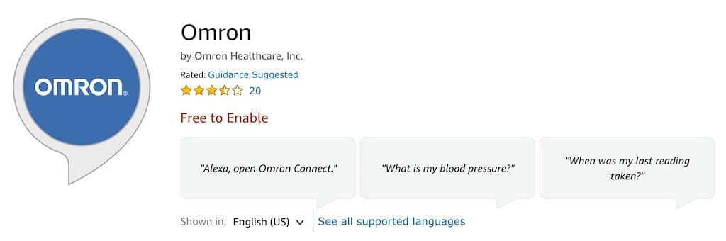 Omron connected blood pressure monitor usable with Alexa or Omron skill smartphone