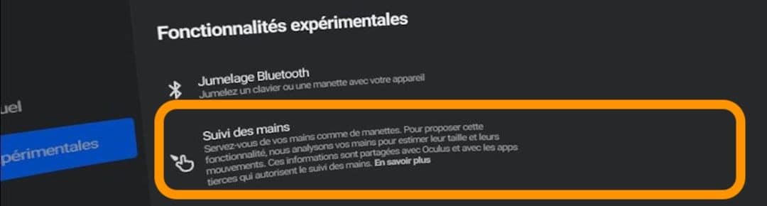 comment activer suivi des mains oculus quest