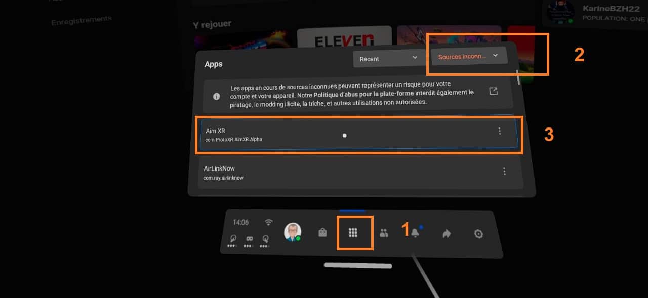 Lancer jeu App SideQuest Sources inconnues