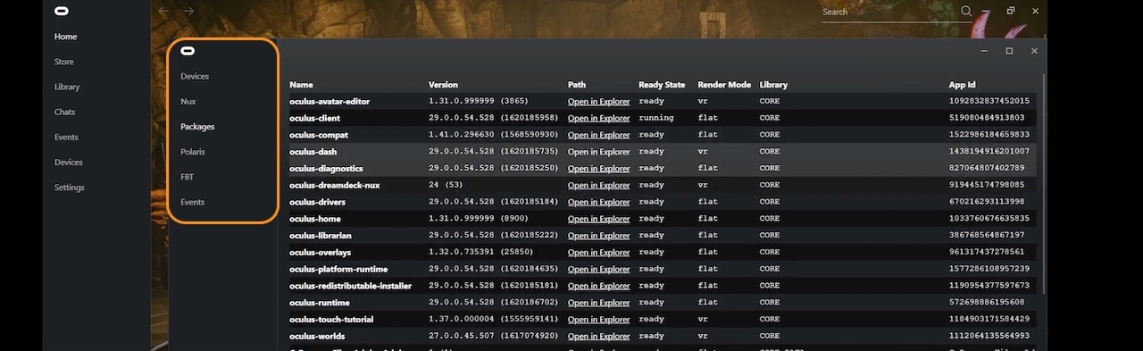 Listes des fonctions caches App Oculus PC