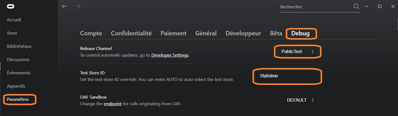 Menu Debug App Oculus PC