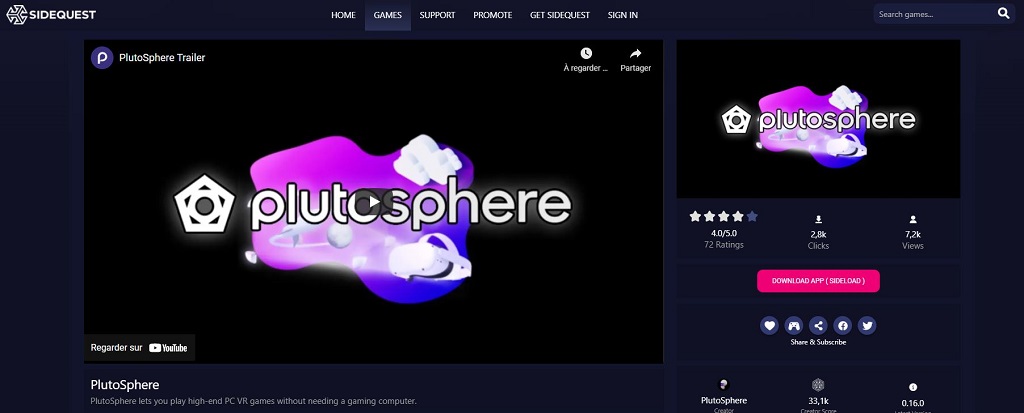 Installer l'App PlutoSphere depuis SideQuest dans votre casque