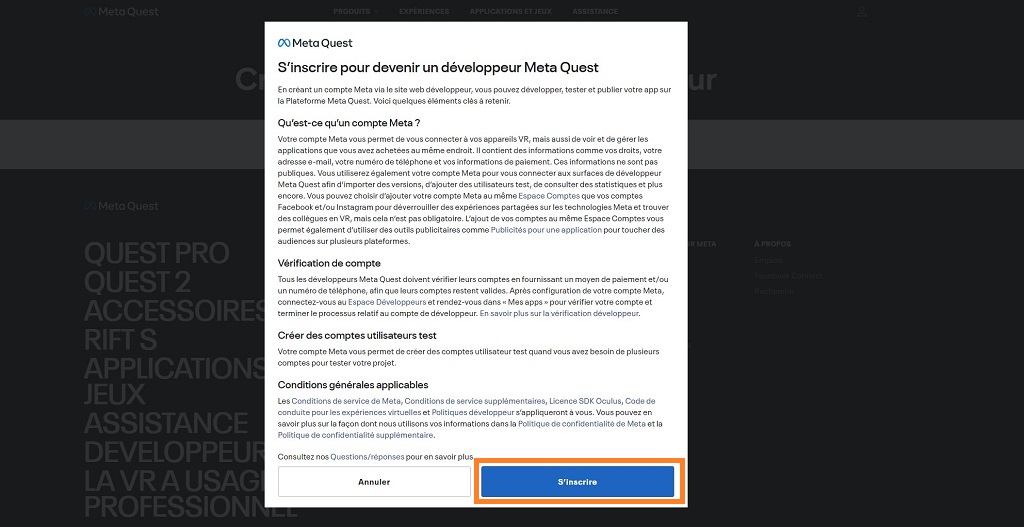 Créer compte développeur Meta Quest