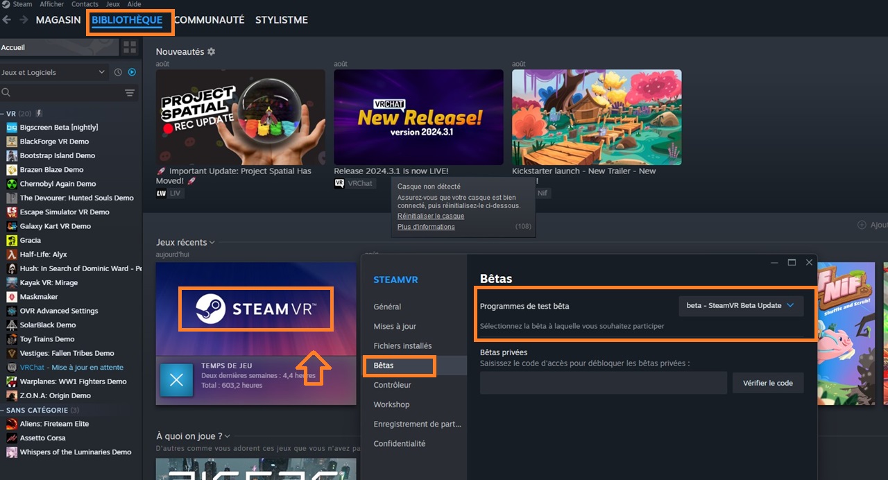 Activer Steam VR beta