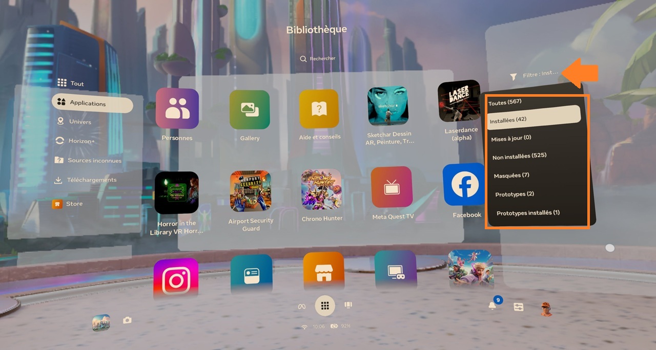 Filtrer apps Quest masquées, prototypes, non installées
