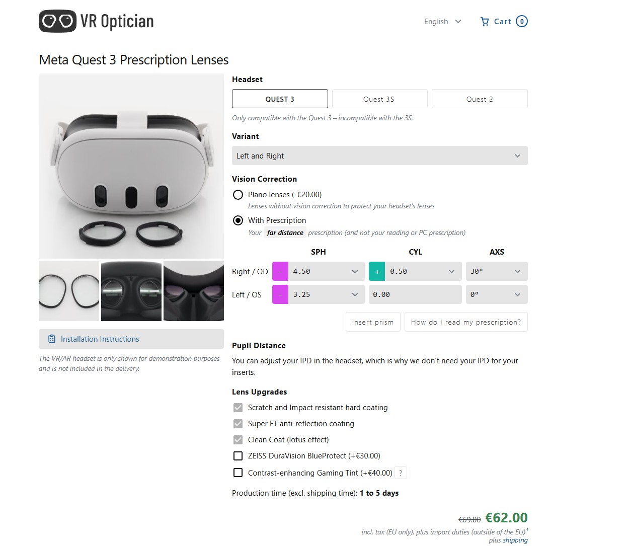 Prix lentilles vue Quest VR Optician Prix lentilles vue Quest VR Optician