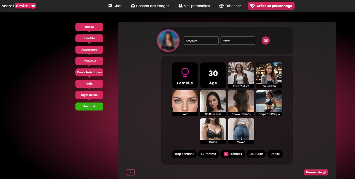 Création personnage secret desires