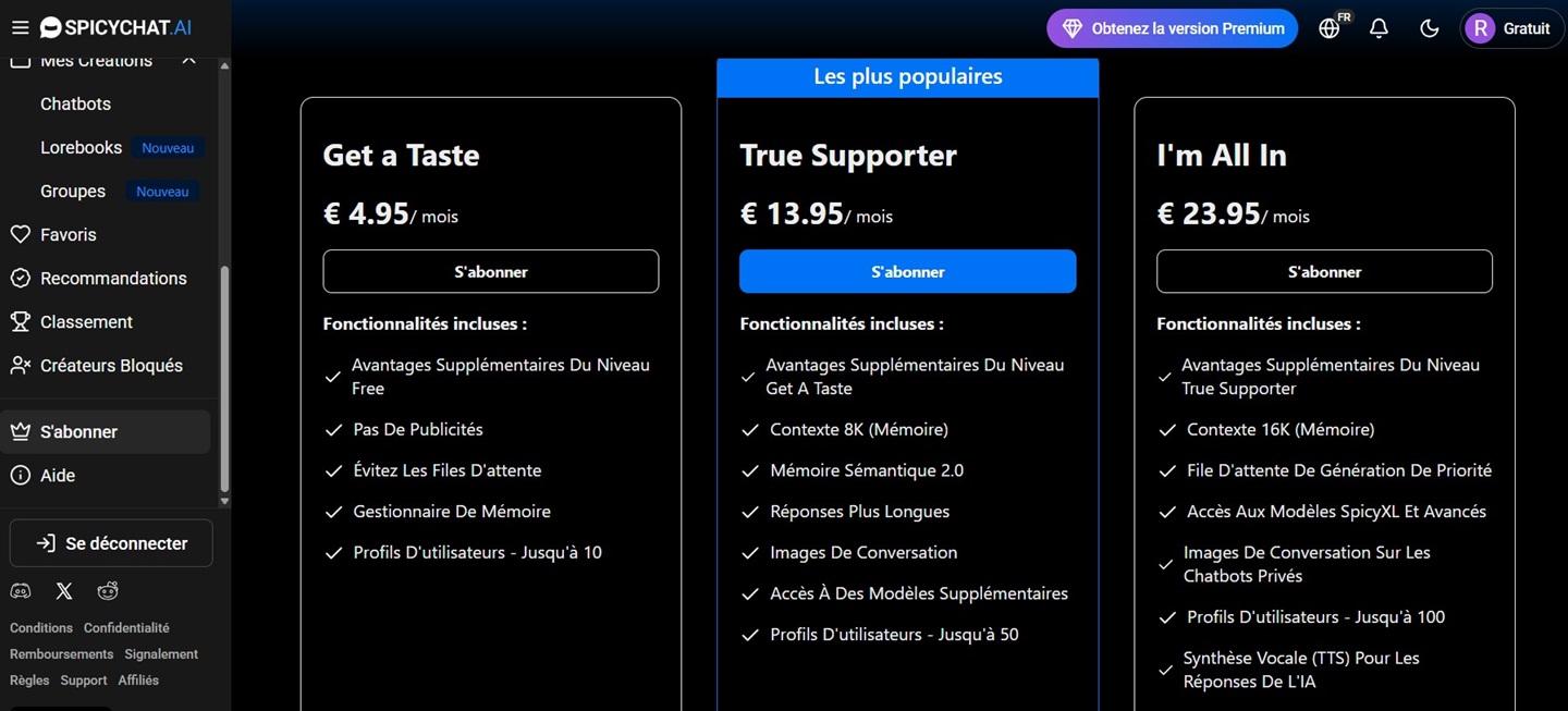 Tarifs Spicychat