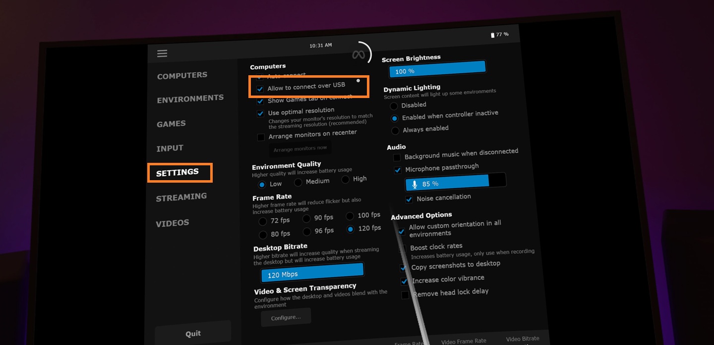 Allow to connect over USB dans l'app PC de VR Allow to connect over USB dans l'app PC de VR