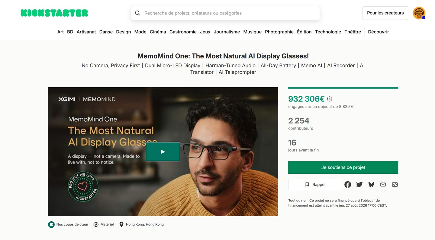 MemoMind One Kickstarter campagne lunettes connectées MemoMind One Kickstarter campagne lunettes connectées