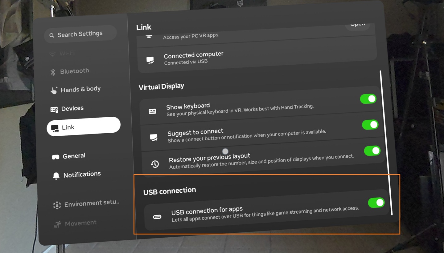 Autoriser la connexion apps USB du Quest Autoriser la connexion apps USB du Quest