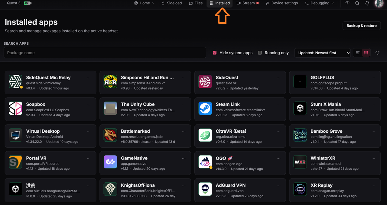 Gestion des applications dans le casque Gestion des applications dans le casque