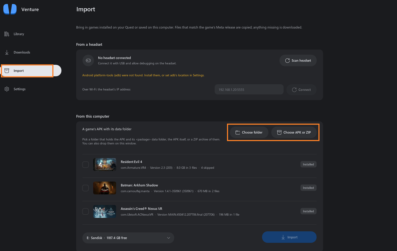 Add APK Quest PC Venture app Ajouter un APK de jeu Quest dans Venture sur PC
