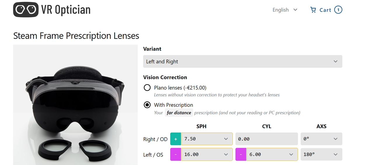VR Optician lentilles Steam Frame